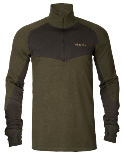 Willow Green Shadow Brown Coloured Harkila Base Warm Zip Neck on white background #colour_willow-green-shadow-brown
