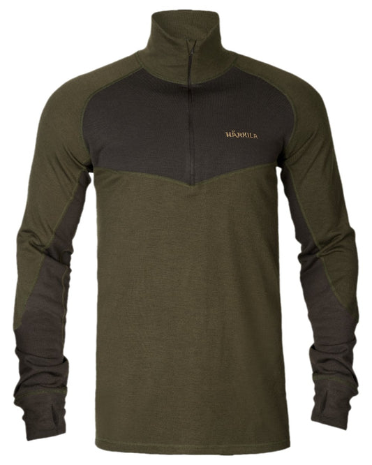 Willow Green Shadow Brown Coloured Harkila Base Warm Zip Neck on white background #colour_willow-green-shadow-brown