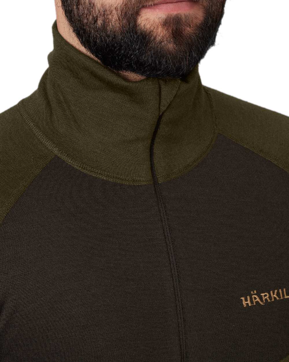 Willow Green Shadow Brown Coloured Harkila Base Warm Zip Neck on white background #colour_willow-green-shadow-brown