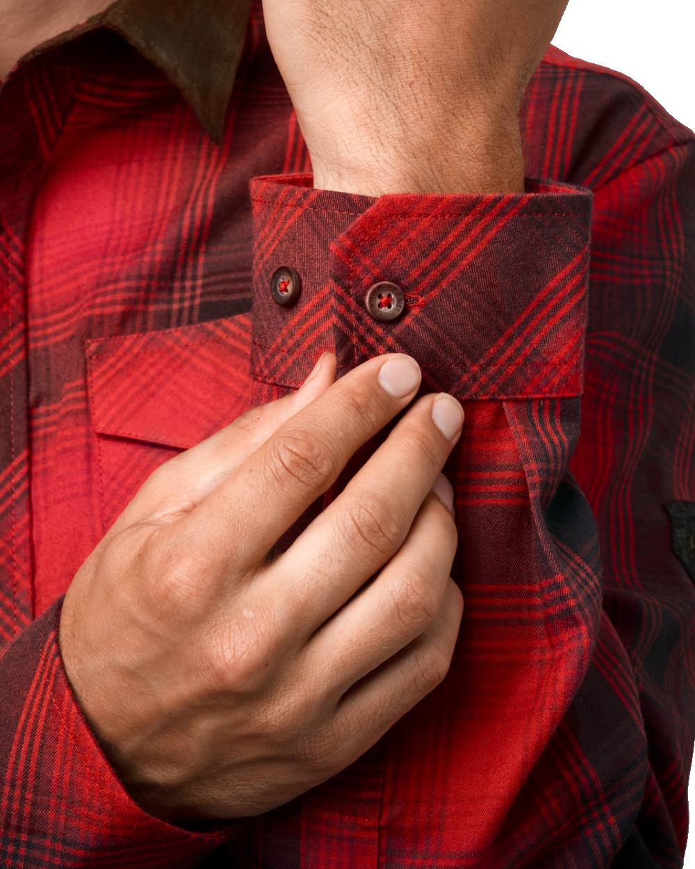 Red Black check coloured Harkila Driven Hunt Flannel Shirt on white background #colour_red-black-check