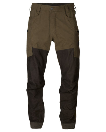 Willow Green Shadow Brown Coloured Harkila Driven Hunt HWS Leather Trousers on white background #colour_willow-green-shadow-brown