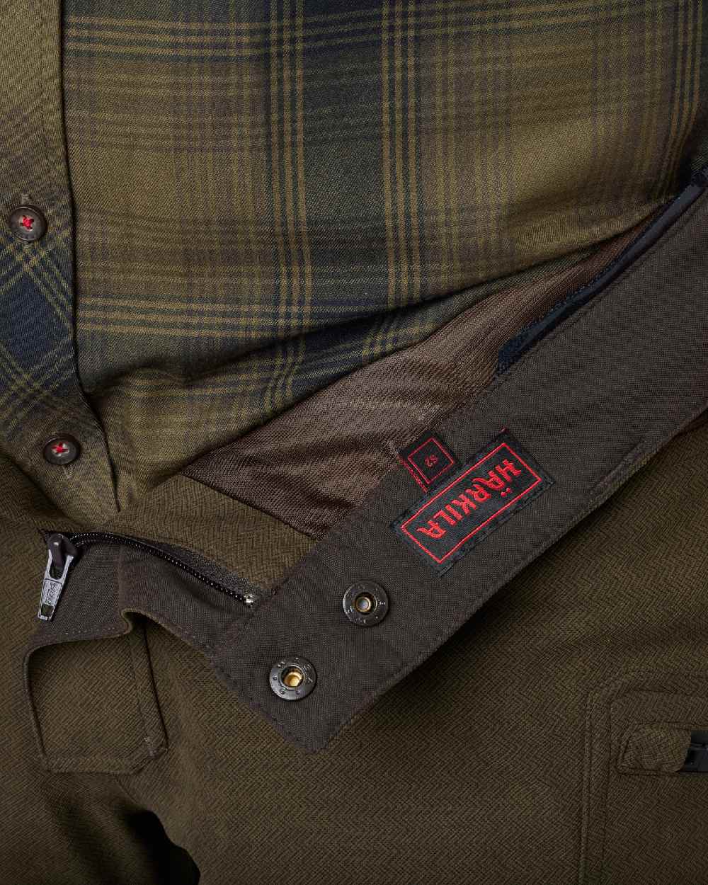 Willow Green Shadow Brown Coloured Harkila Driven Hunt HWS Leather Trousers on white background #colour_willow-green-shadow-brown