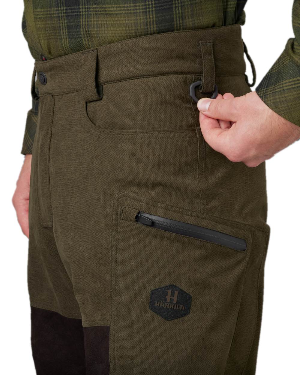 Willow Green Shadow Brown Coloured Harkila Driven Hunt HWS Leather Trousers on white background #colour_willow-green-shadow-brown