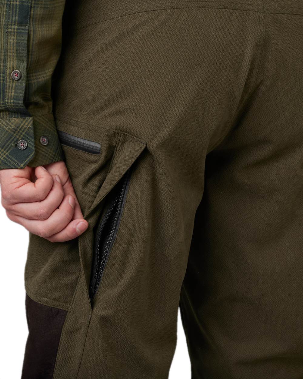 Willow Green Shadow Brown Coloured Harkila Driven Hunt HWS Leather Trousers on white background #colour_willow-green-shadow-brown