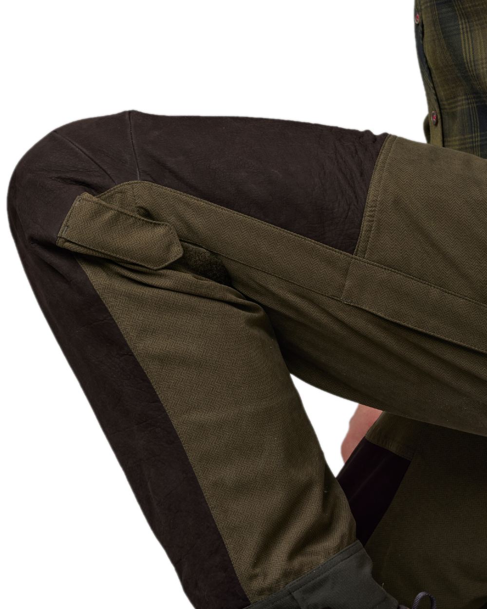 Willow Green Shadow Brown Coloured Harkila Driven Hunt HWS Leather Trousers on white background #colour_willow-green-shadow-brown