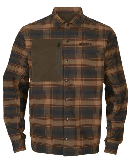 Dark Warm Olive Burgundy Coloured Harkila Eirik Reversible Shirt Jacket on white background #colour_dark-warm-olive-burgundy