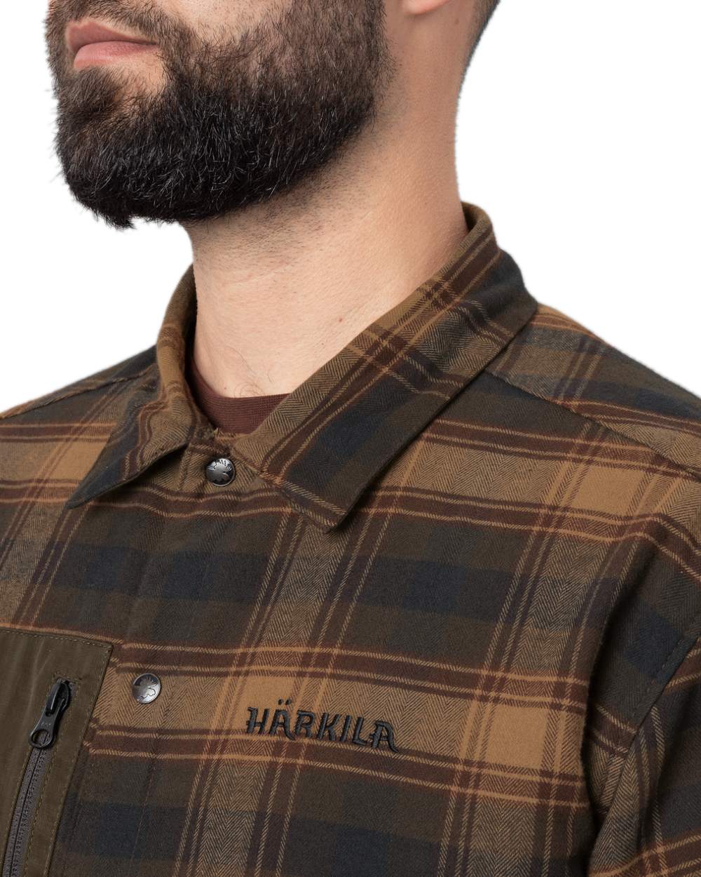 Dark Warm Olive Burgundy Coloured Harkila Eirik Reversible Shirt Jacket on white background #colour_dark-warm-olive-burgundy
