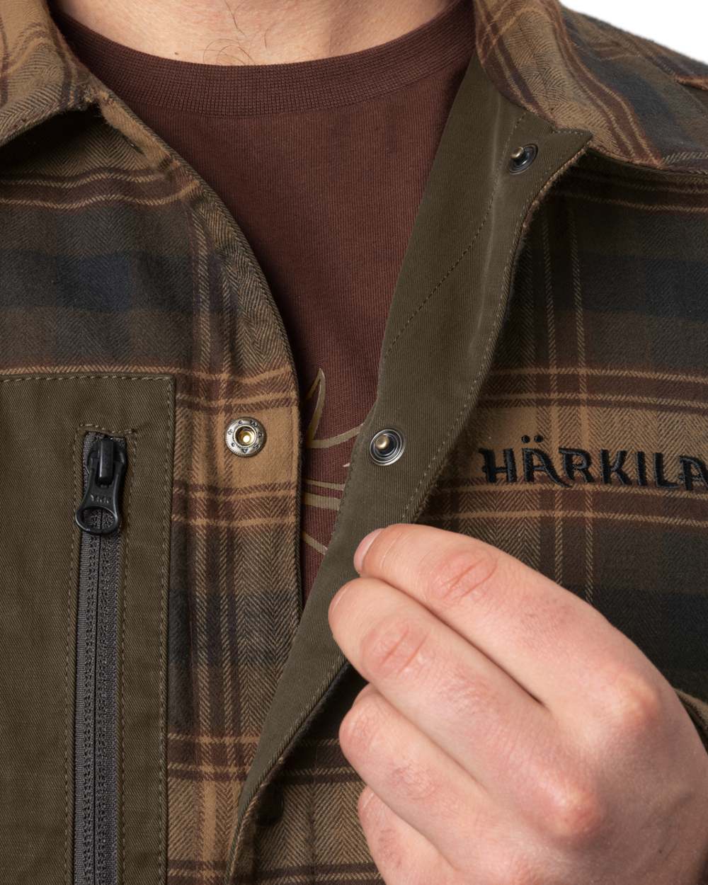 Dark Warm Olive Burgundy Coloured Harkila Eirik Reversible Shirt Jacket on white background #colour_dark-warm-olive-burgundy