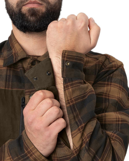 Dark Warm Olive Burgundy Coloured Harkila Eirik Reversible Shirt Jacket on white background #colour_dark-warm-olive-burgundy