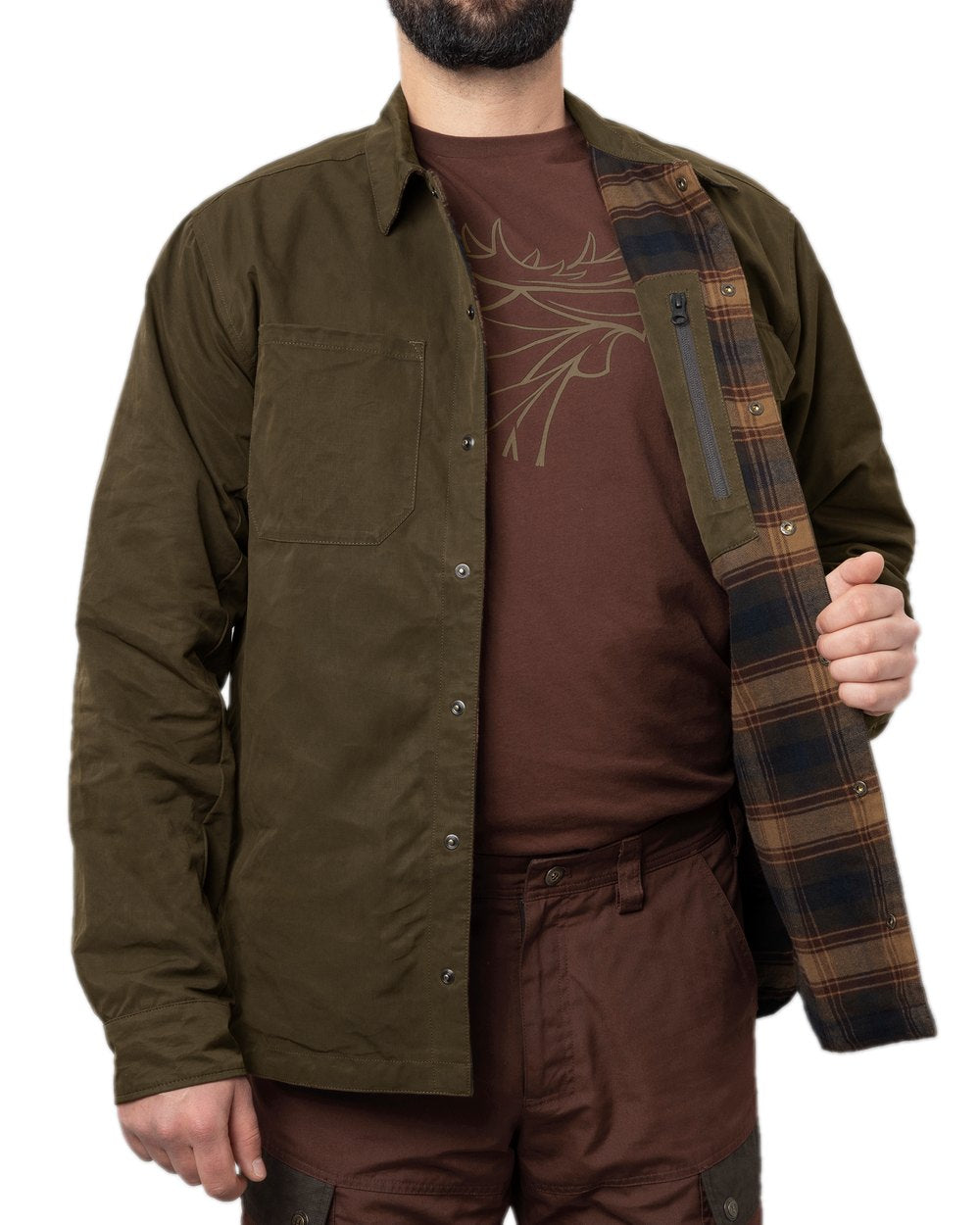 Dark Warm Olive Burgundy Coloured Harkila Eirik Reversible Shirt Jacket on white background #colour_dark-warm-olive-burgundy