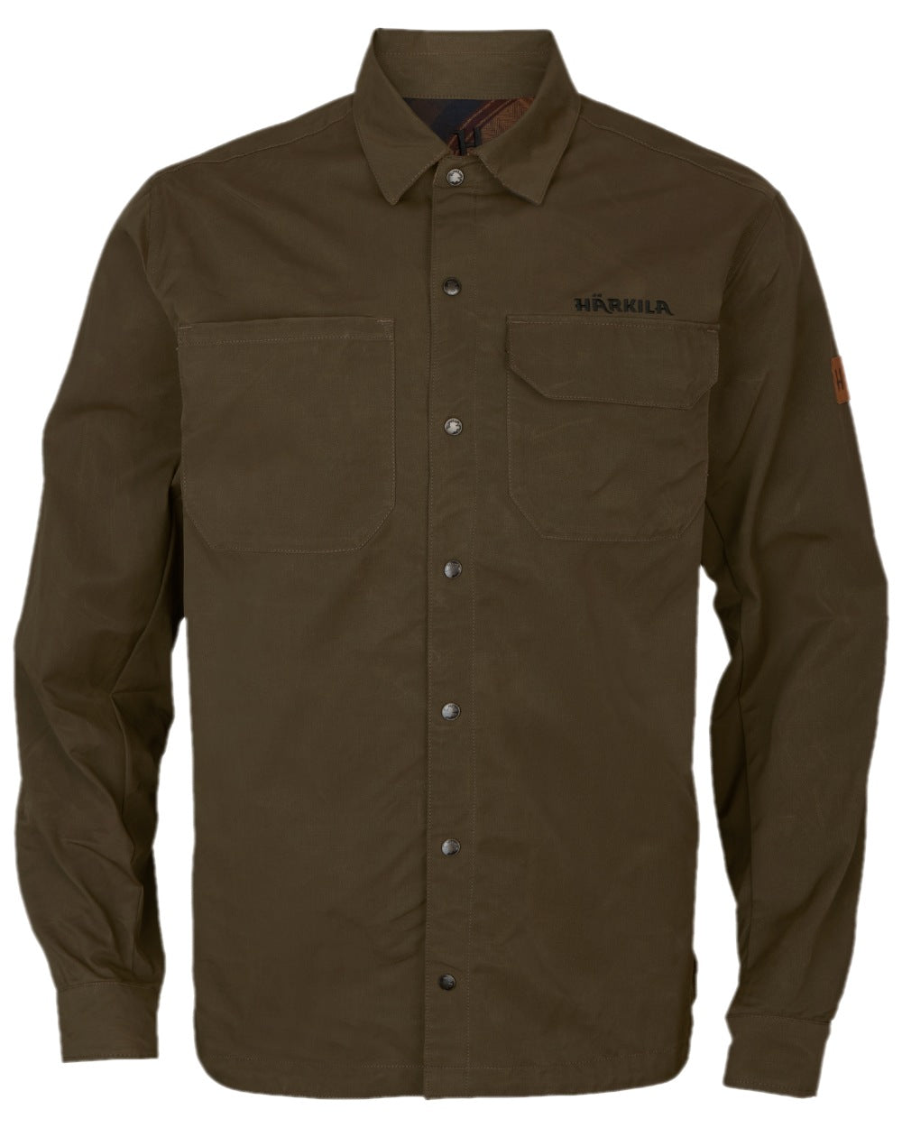 Dark Warm Olive Burgundy Coloured Harkila Eirik Reversible Shirt Jacket on white background #colour_dark-warm-olive-burgundy