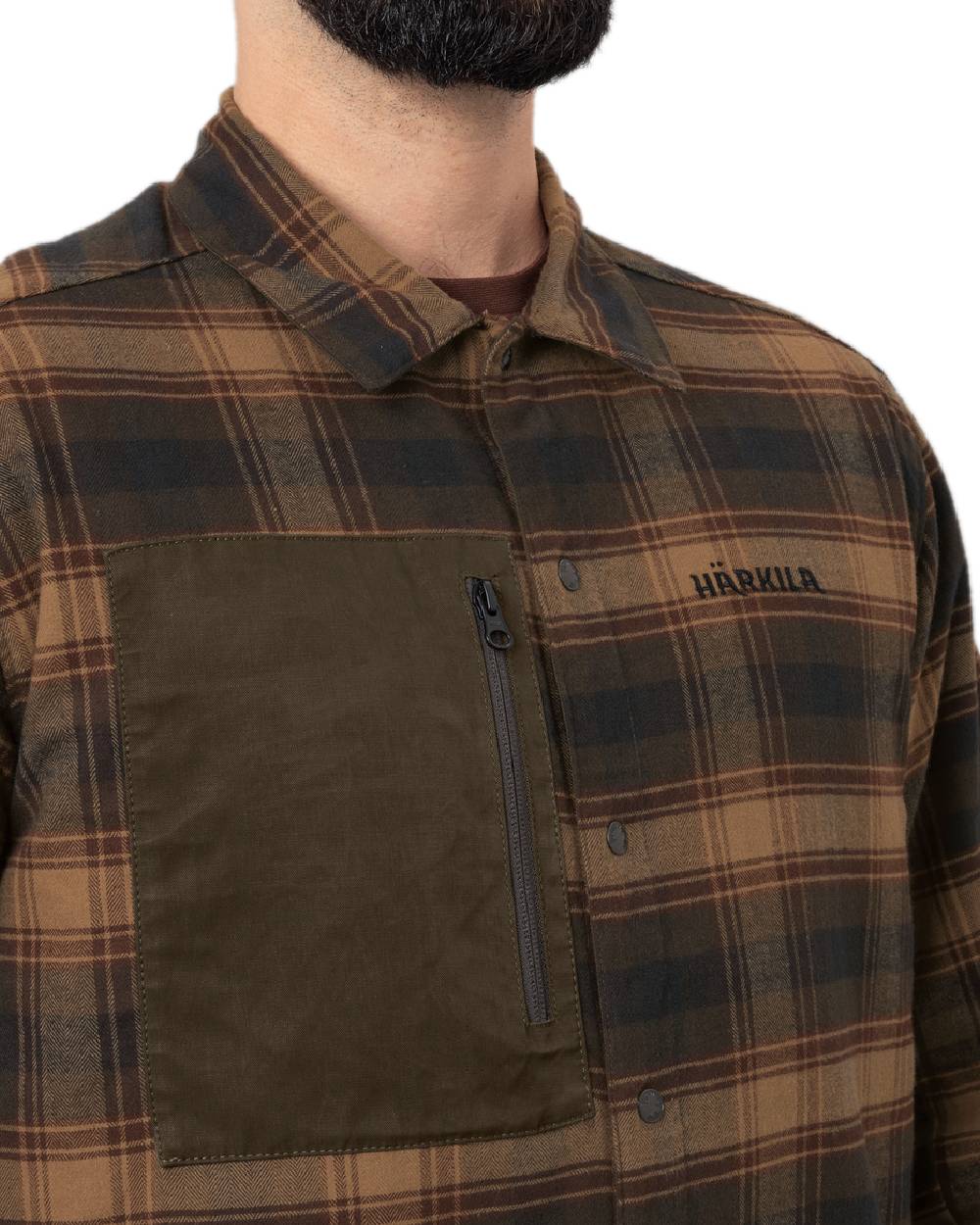 Dark Warm Olive Burgundy Coloured Harkila Eirik Reversible Shirt Jacket on white background #colour_dark-warm-olive-burgundy