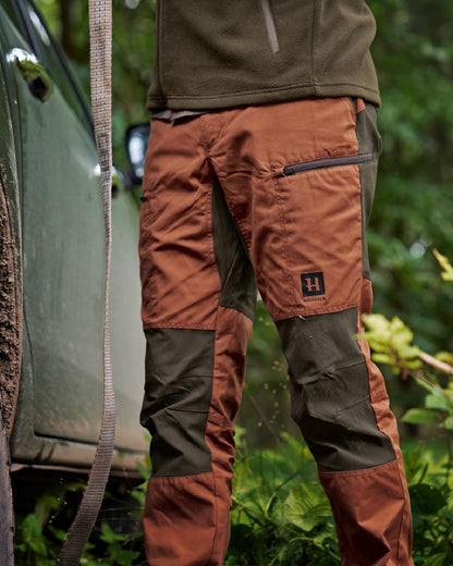 Shadow Brown Arabian Spice Coloured Harkila Fjell Trousers on forest background #colour_shadow-brown-arabian-spice