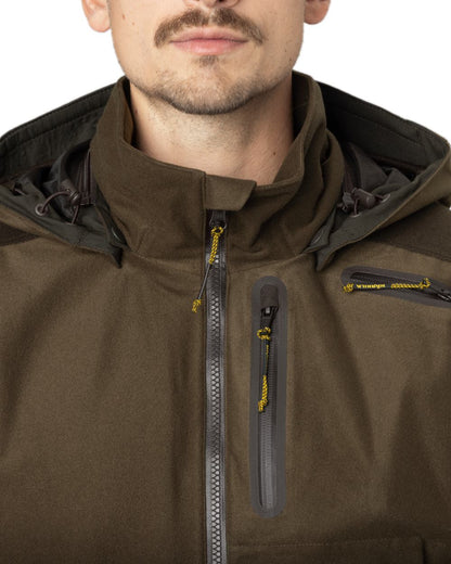 Hunting Green Shadow Brown Coloured Harkila Forest Hunter GTX Jacket on white background #colour_hunting-green-shadow-brown