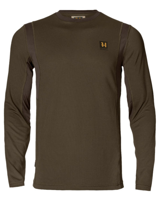 Hunting Green Shadow Brown Coloured Harkila Forest Hunter Long Sleeve T-Shirt on white background #colour_hunting-green-shadow-brown