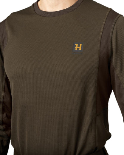 Hunting Green Shadow Brown Coloured Harkila Forest Hunter Long Sleeve T-Shirt on white background #colour_hunting-green-shadow-brown