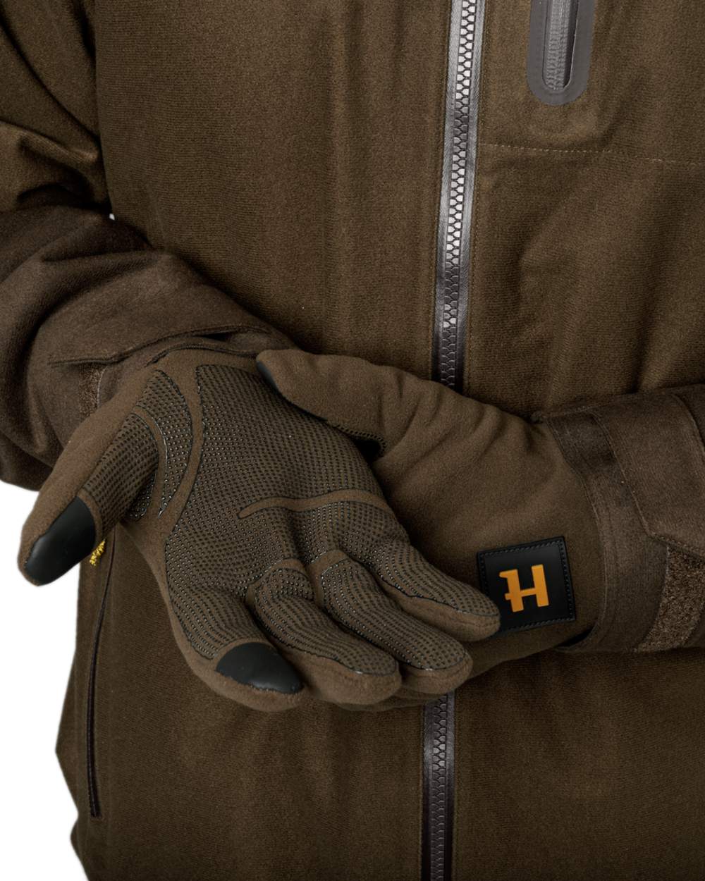 Hunting Green Shadow Brown Coloured Harkila Forest Hunter WSP Gloves on outdoor background #colour_hunting-green-shadow-brown
