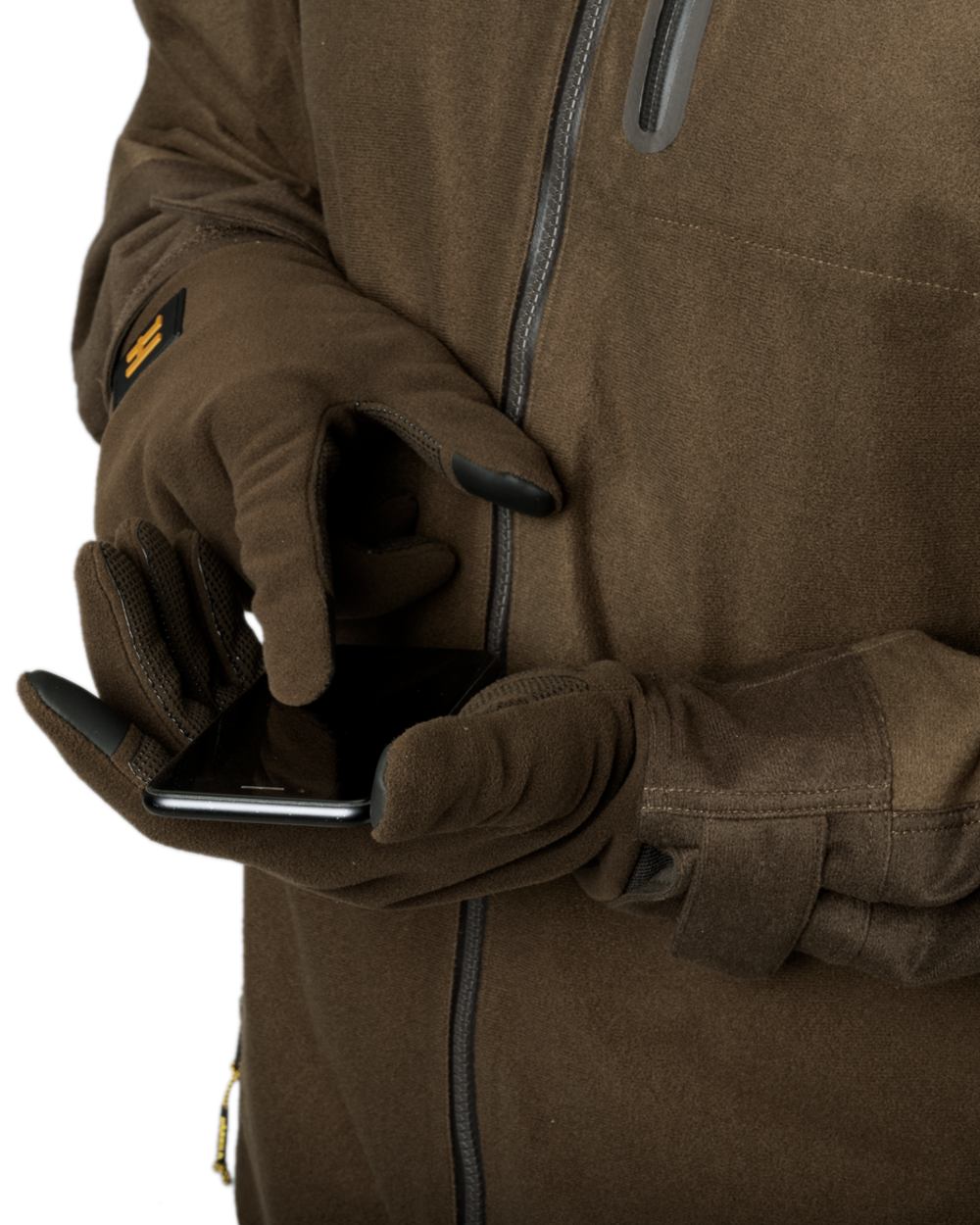Hunting Green Shadow Brown Coloured Harkila Forest Hunter WSP Gloves on outdoor background #colour_hunting-green-shadow-brown