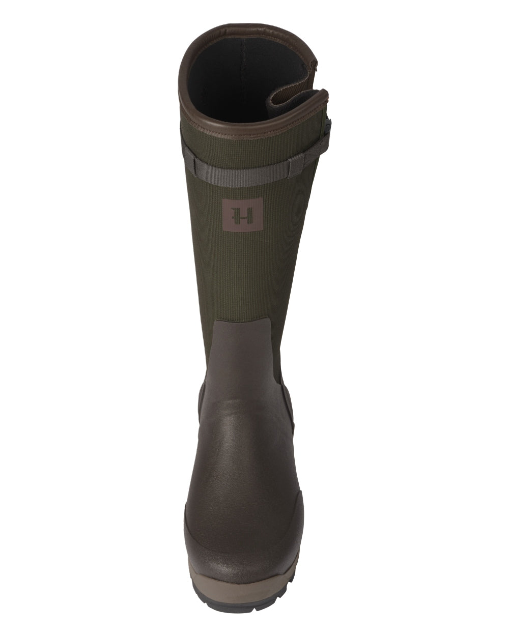 Willow Green Deep Brown Coloured Harkila Forester Zip Rubber Boot on white background #colour_willow-green-deep-brown
