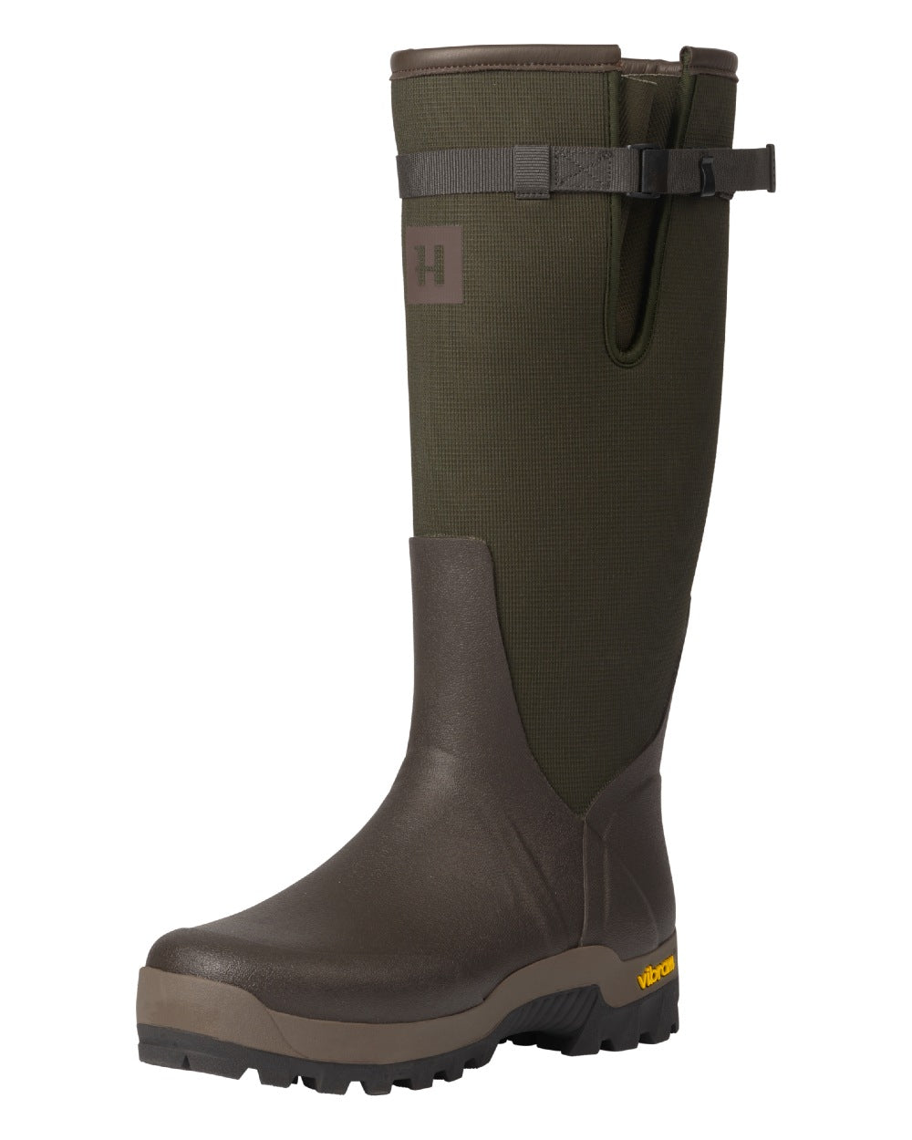 Willow Green Deep Brown Coloured Harkila Forester Zip Rubber Boot on white background #colour_willow-green-deep-brown
