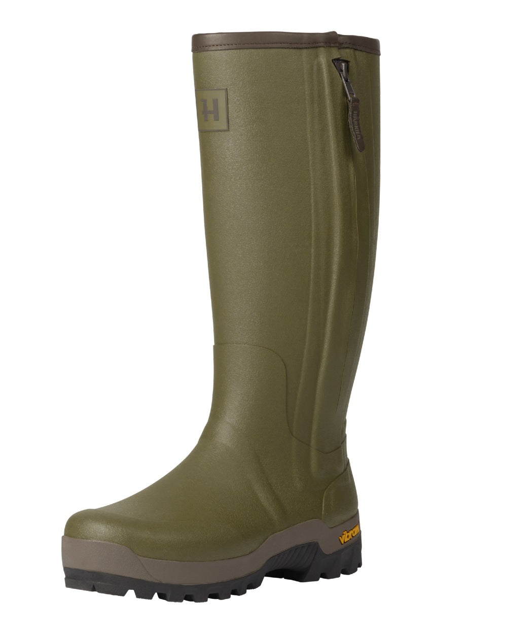 Dark Olive Coloured Harkila Forester Zip Rubber Boot on white background #colour_dark-olive