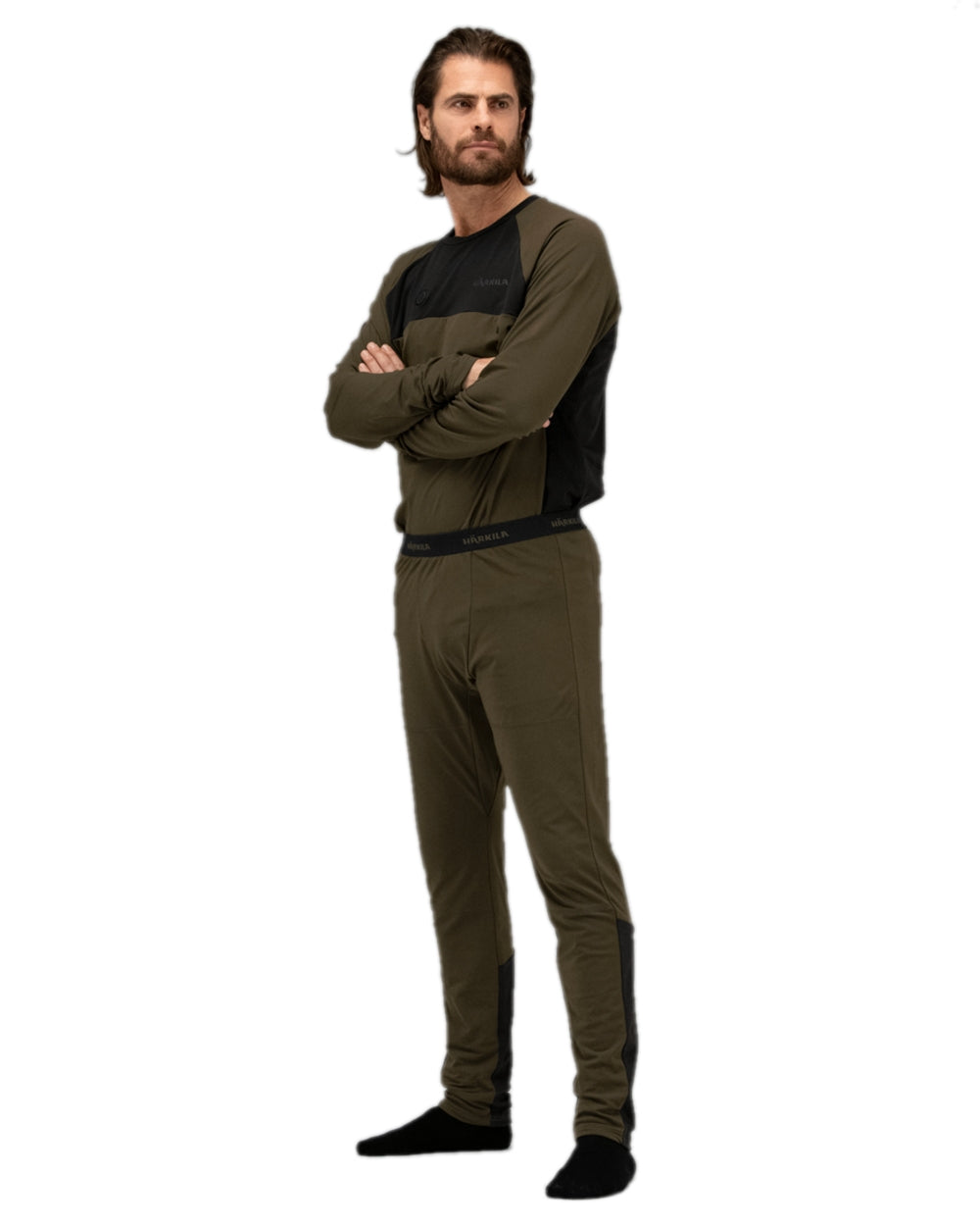 Willow Green Black Coloured Harkila Heat Long Johns on white background #colour_willow-green-black