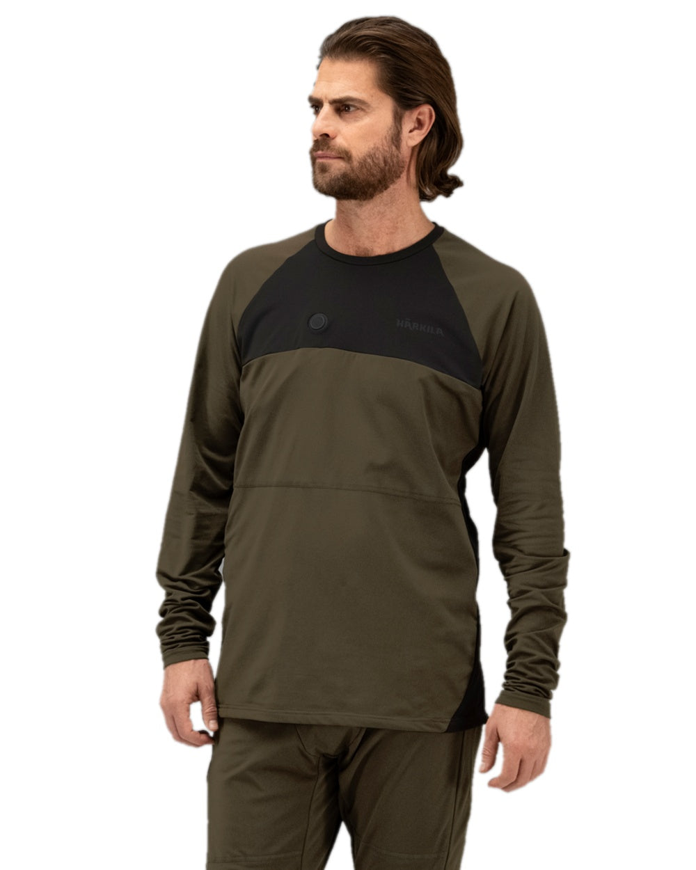 Willow Green Black Coloured Harkila Heat Long Sleeve T-Shirt on white background #colour_willow-green-black