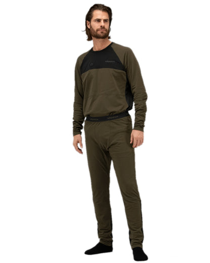 Willow Green Black Coloured Harkila Heat Long Sleeve T-Shirt on white background #colour_willow-green-black