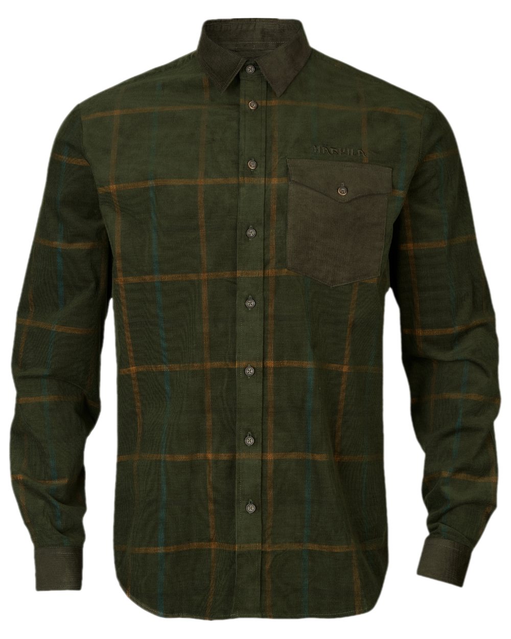 Willow Green Check Coloured Harkila Kaldfjord Corduroy Check Shirt on white background #colour_willow-green-check