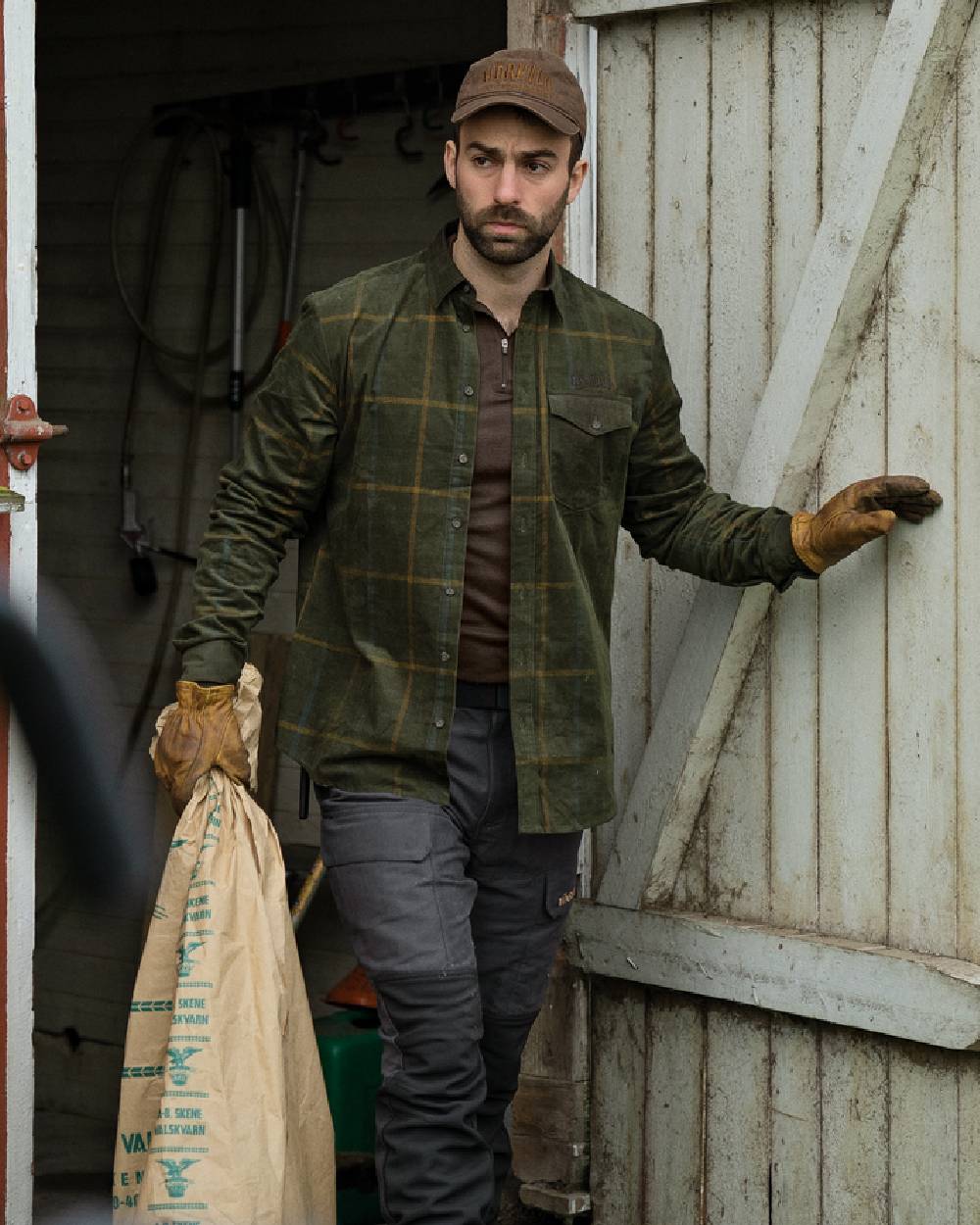 Willow Green Check Coloured Harkila Kaldfjord Corduroy Check Shirt on outdoor background #colour_willow-green-check