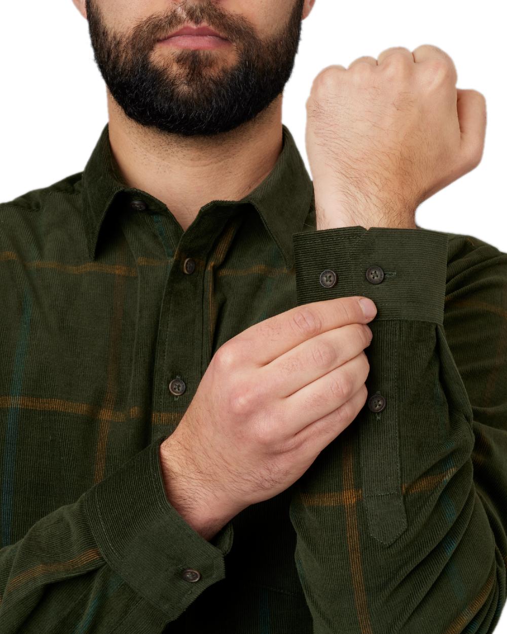 Willow Green Check Coloured Harkila Kaldfjord Corduroy Check Shirt on outdoor background #colour_willow-green-check