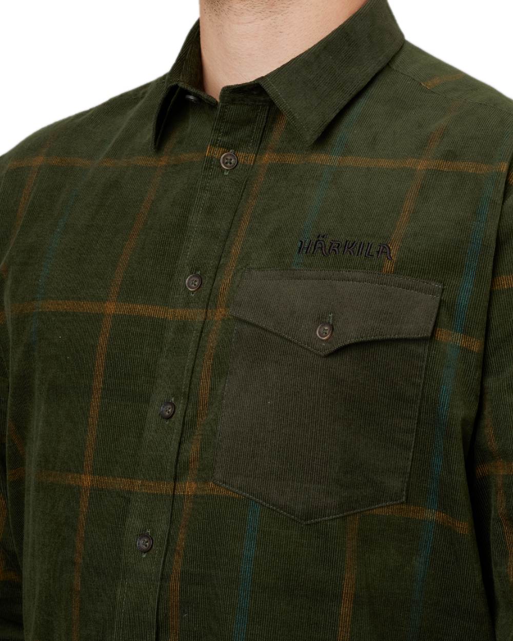 Willow Green Check Coloured Harkila Kaldfjord Corduroy Check Shirt on outdoor background #colour_willow-green-check