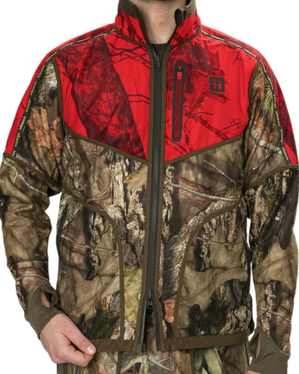 Hunting Green Mossy Oak Break-up Country Coloured Harkila Kamko Camo Reversible WSP Jacket on white background #colour_hunting-green-mossy-oak-break-up-country