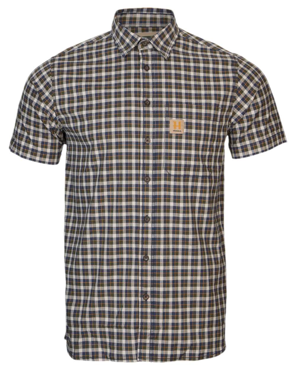 Naval Blue Check Coloured Harkila Mens Fjell Short Sleeve Shirt on white background #colour_naval-blue-check