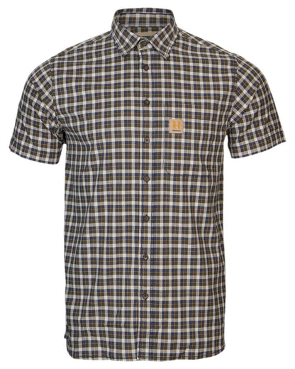 Naval Blue Check Coloured Harkila Mens Fjell Short Sleeve Shirt on white background #colour_naval-blue-check