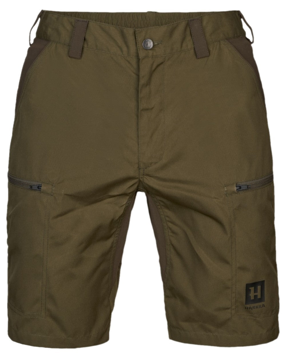 Dark Olive Willow Green Coloured Harkila Mens Fjell Shorts on white background #colour_dark-olive-willow-green