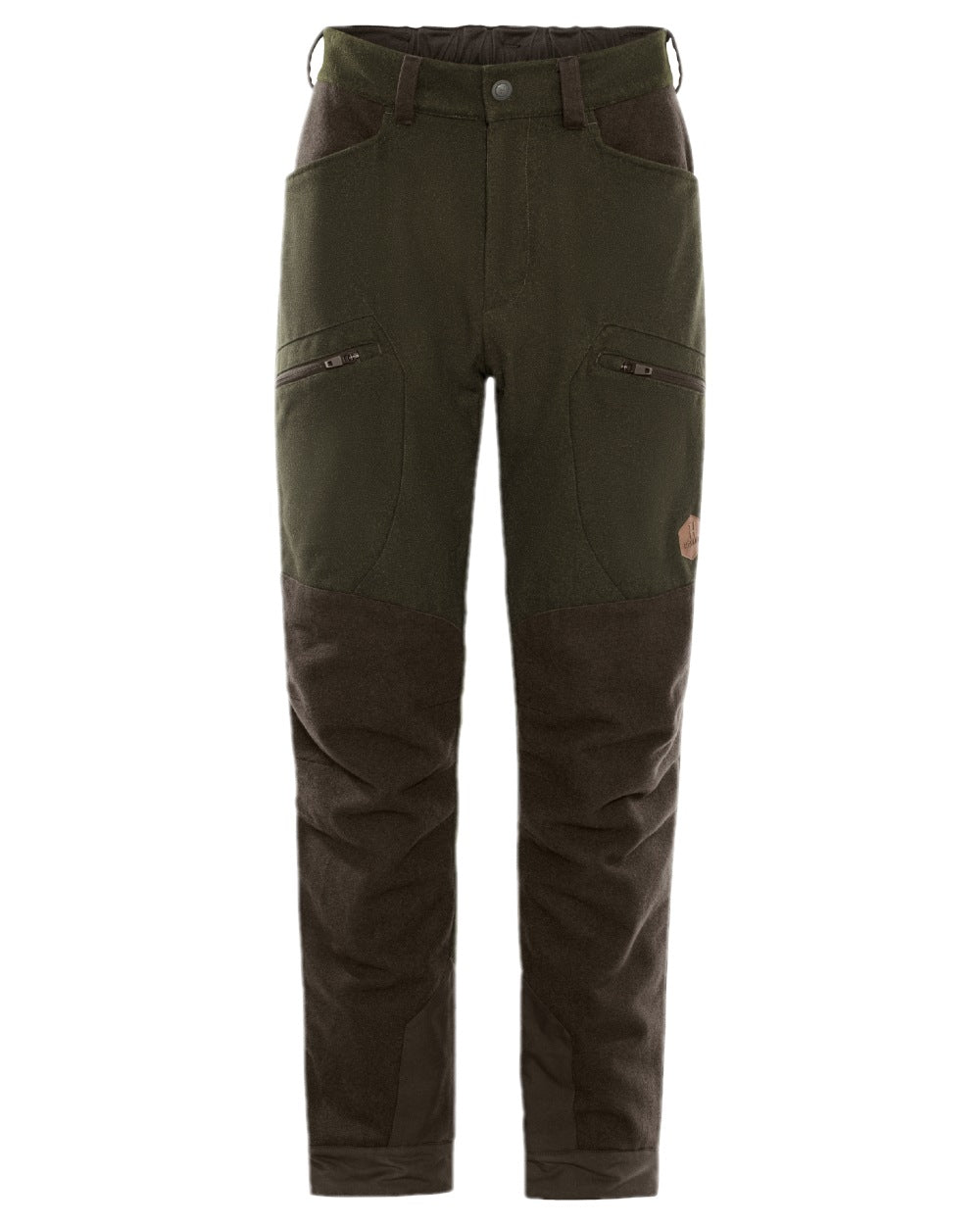Willow Green Shadow Brown Coloured Harkila Metso Womens Winter Trousers on white background #colour_willow-green-shadow-brown