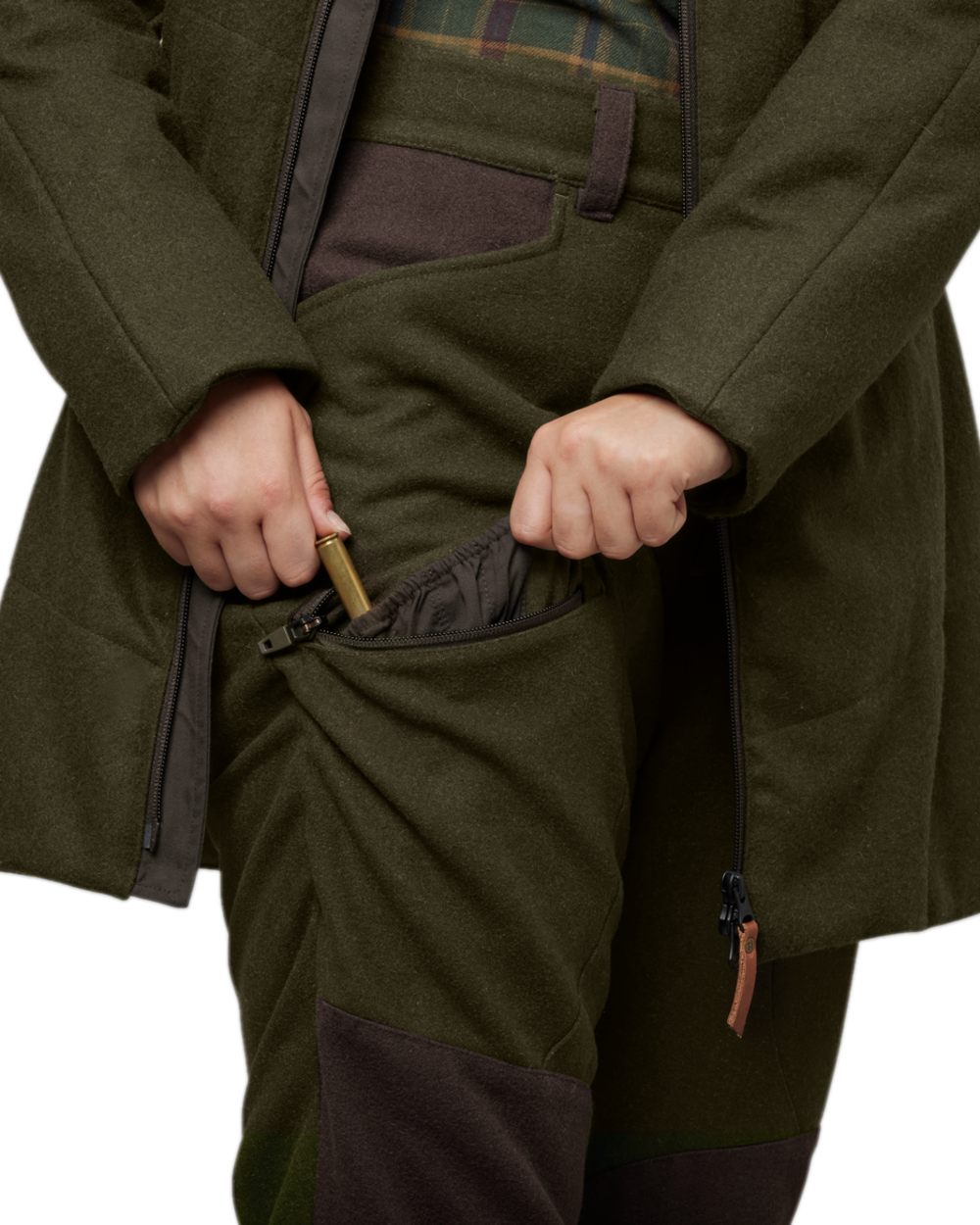 Willow Green Shadow Brown Coloured Harkila Metso Womens Winter Trousers on white background #colour_willow-green-shadow-brown