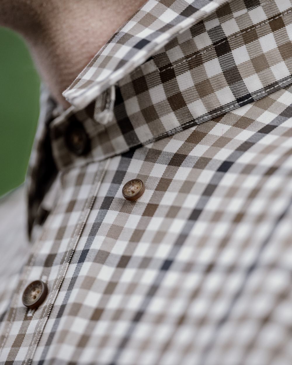 Blue Beige Check Coloured Harkila Milford Shirt on outdoor background #colour_blue-beige-check