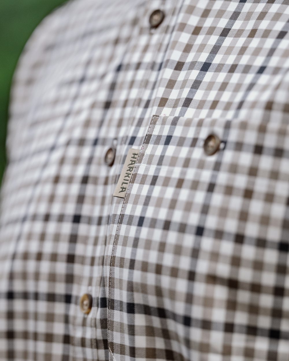Blue Beige Check Coloured Harkila Milford Shirt on outdoor background #colour_blue-beige-check