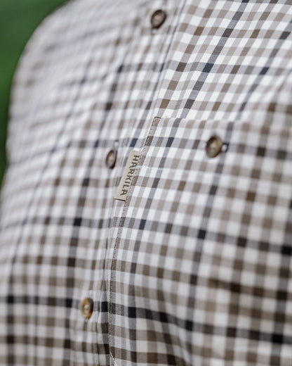 Blue Beige Check Coloured Harkila Milford Shirt on outdoor background #colour_blue-beige-check
