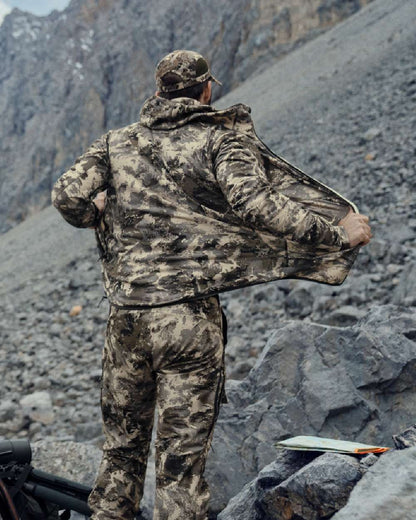 AXIS Mountain Coloured Harkila Mountain Hunter Expedition Fleece Hoodie on mountain background #colour_axis-mountain
