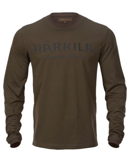 Hunting Green Shadow Brown Coloured Harkila Mountain Hunter Long Sleeve T-Shirt on white background #colour_hunting-green-shadow-brown