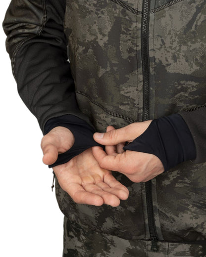AXIS Black Black Coloured Harkila NOCTYX Camo Fleece Jacket on white background #colour_axis-black-black
