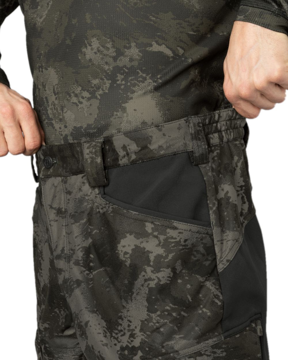 AXIS Black Black Coloured Harkila NOCTYX Camo Silent Trousers on white background #colour_axis-black-black