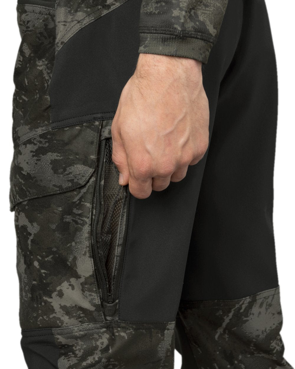 AXIS Black Black Coloured Harkila NOCTYX Camo Silent Trousers on white background #colour_axis-black-black