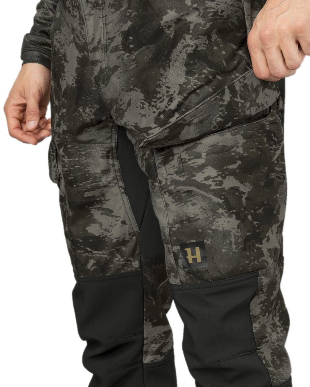 AXIS Black Black Coloured Harkila NOCTYX Camo Silent Trousers on white background #colour_axis-black-black