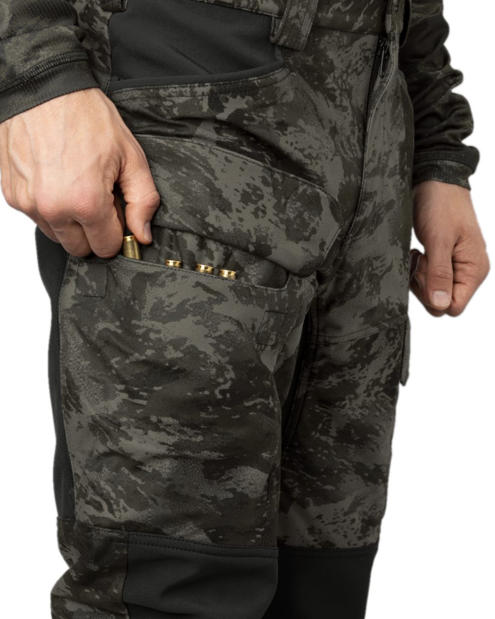 AXIS Black Black Coloured Harkila NOCTYX Camo Silent Trousers on white background #colour_axis-black-black
