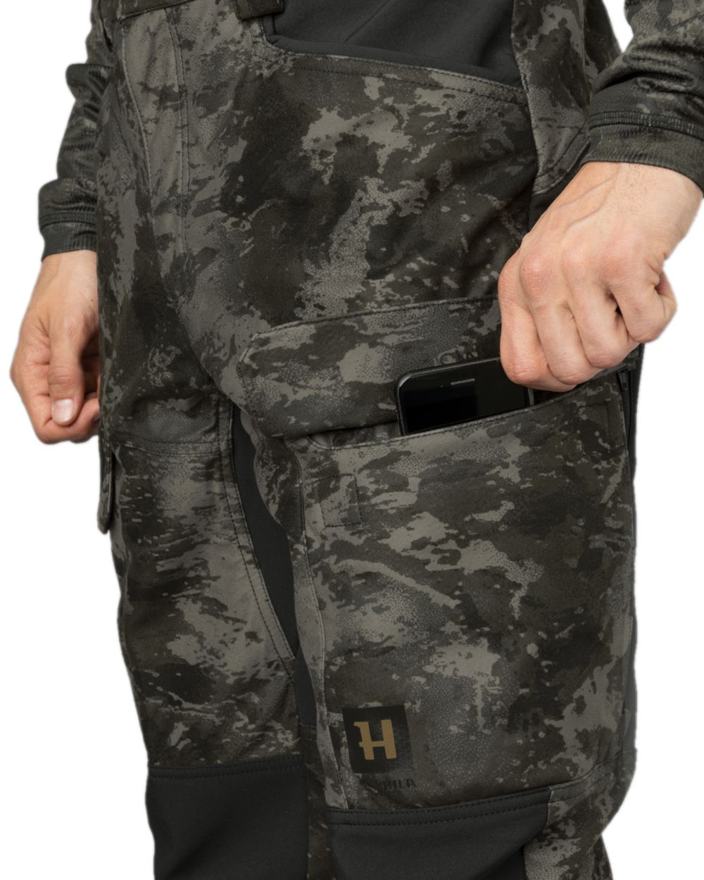 AXIS Black Black Coloured Harkila NOCTYX Camo Silent Trousers on white background #colour_axis-black-black