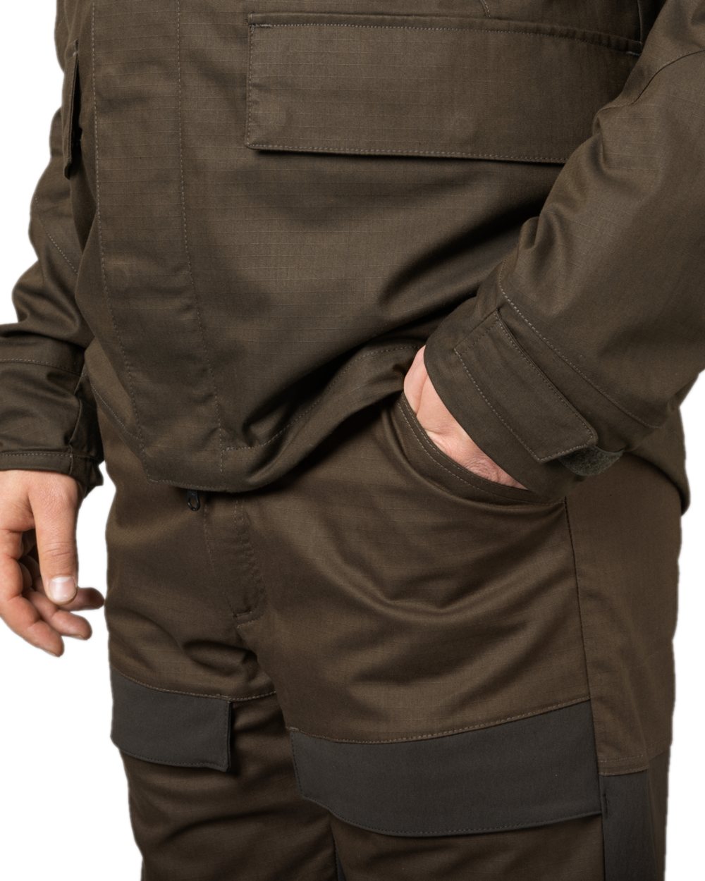 Willow Green Shadow Brown Coloured Harkila Nordic Hunter HWS Trousers on white background #colour_willow-green-shadow-brown